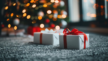 A close-up of a white gift box with a red ribbon, set against a backdrop of a blurred Christmas tree.の素材