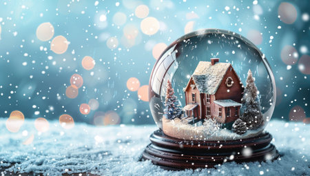 A snow globe depicting a winter scene with a house and a tree, set against a blue and white bokeh background.の素材