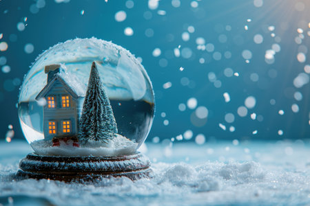 A snow globe with a miniature house and pine tree, set against a blue background with falling snow.の素材
