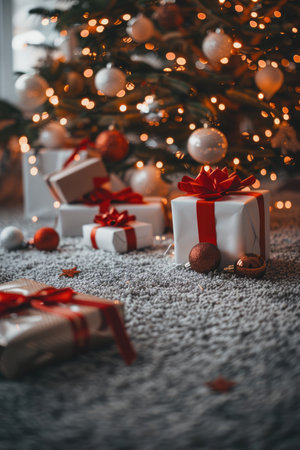 Christmas presents wrapped with red ribbon and bows, lying under a decorated tree with twinkling lights.の素材