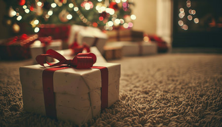 A single white gift box with a red bow rests on a shag carpet in front of a blurred Christmas tree.の素材