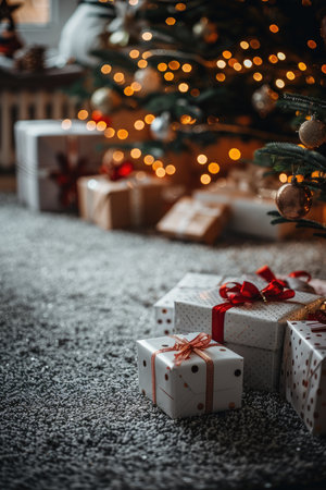 Christmas gifts wrapped in white paper with red and gold ribbon and bows under a decorated Christmas tree.の素材