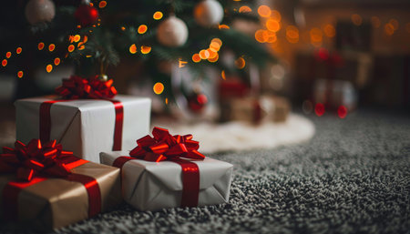 Three Christmas presents wrapped in white and gold paper with red bows under a Christmas tree with blurred lights in the background.の素材