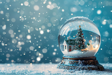 A snow globe featuring a miniature house, Christmas tree, and snowman, with a sparkling snow-covered backdrop.の素材