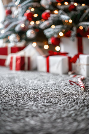 A blurry image of a Christmas tree, presents, and a candy cane on a shag carpet.の素材