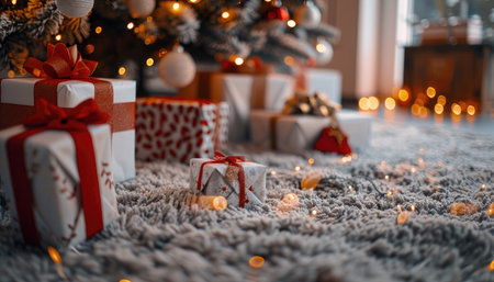 A close-up of Christmas presents under a decorated tree, with warm lights and a soft fuzzy rug.の素材