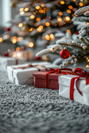 A close-up shot of Christmas presents wrapped in white and red paper with red ribbons under a decorated Christmas tree with bokeh lights.の素材
