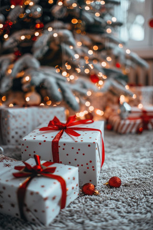 Two Christmas presents wrapped in white paper with red polka dots and bows sit under a decorated Christmas tree with bokeh lights.の素材