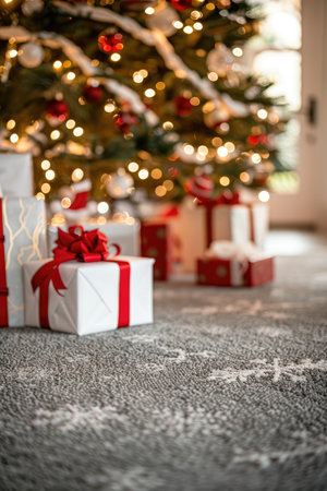A close-up of a white gift box with a red ribbon and bow under a decorated Christmas tree.の素材