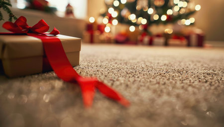 A close-up shot of a red ribbon wrapped gift box lying on a carpeted floor with a blurred Christmas tree in the background.の素材