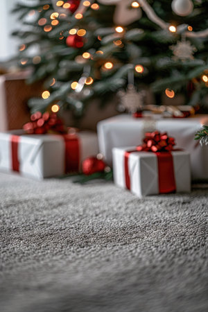 Close-up of a blurry image of white Christmas presents with red bows underneath a decorated Christmas tree.の素材