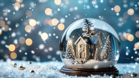 A snow globe with a miniature house, trees, and snow inside, set against a snowy background with bokeh lights.の素材