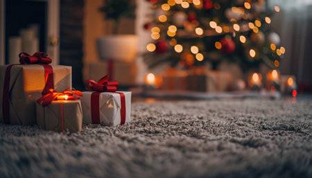 Three wrapped gifts with red bows are arranged on a fuzzy rug in a warmly lit room.の素材