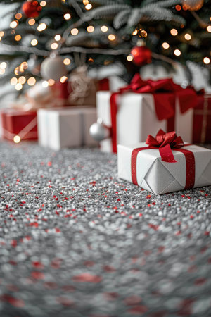 A white gift box with a red bow sits in the foreground, with a blurred Christmas tree and other gifts in the background.の素材