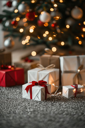 Close-up of white Christmas presents with red bows under a blurred Christmas tree with lights.の素材