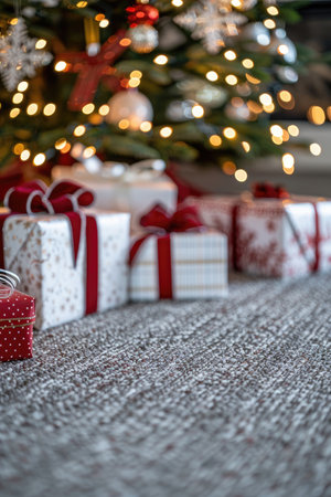 A close-up view of wrapped Christmas gifts with red ribbons and bows, arranged under a decorated Christmas tree.の素材