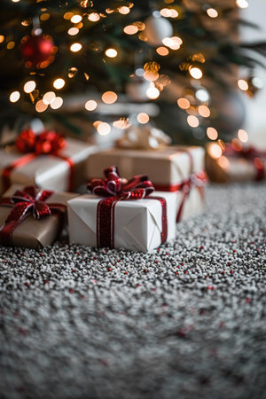 A white gift box with a red ribbon sits on a fluffy gray surface in front of a blurry Christmas tree with twinkling lights.の素材