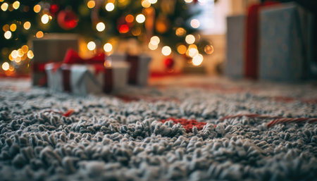 A close-up of a shaggy grey carpet with a blurred Christmas tree and gifts in the background.の素材