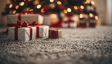 A close-up of wrapped Christmas presents with red ribbons and bows on a shaggy gray carpet, with a blurred Christmas tree in the background.の素材