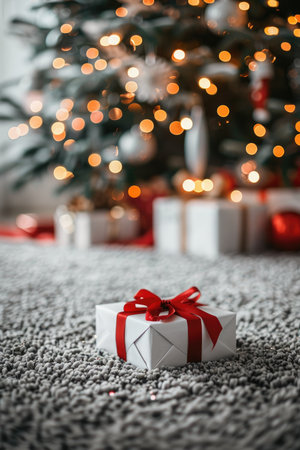 A white gift box with a red ribbon sits on a gray rug with a blurred Christmas tree in the background.の素材