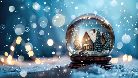 A snow globe depicts a winter scene with a cozy cottage, snow-covered trees, and a warm, golden sunset.の素材