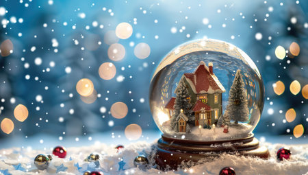 A snow globe with a miniature house and Christmas decorations is surrounded by snow and bokeh lights, creating a festive winter scene.の素材