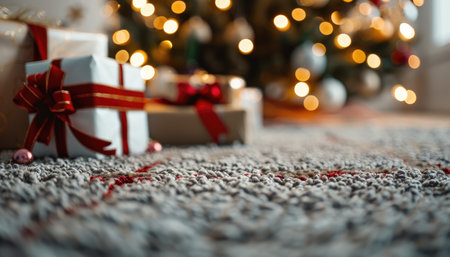 Close-up of wrapped presents under a blurred Christmas tree with lights.の素材