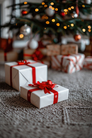 Close-up of two white gift boxes with red ribbons on a brown shaggy carpet, with a blurred Christmas tree in the background.の素材