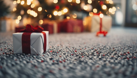 A single wrapped Christmas present with a red bow lies on a carpet with a blurred background of a Christmas tree with lights.の素材