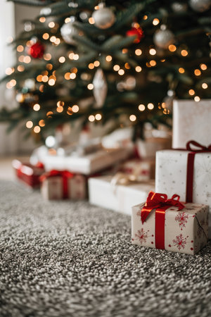 A close-up of a wrapped Christmas gift with a red ribbon, sitting under a decorated Christmas tree, with blurred lights and ornaments in the background.の素材
