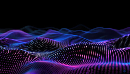 A digitally rendered abstract image featuring a purple and blue dotted wave pattern on a black background.の素材