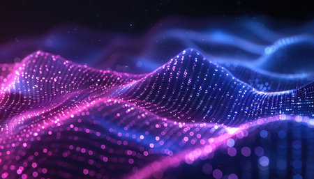 An abstract image showcasing a wavy pattern illuminated by vibrant purple and blue lights, creating a bokeh effect.の素材