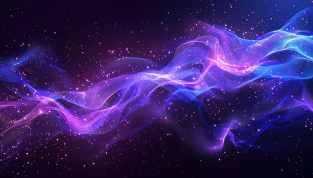 A dark background with glowing blue and purple waves and scattered pink lights.の素材