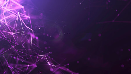 An abstract digital background with a purple network of glowing lines and bokeh effects.の素材