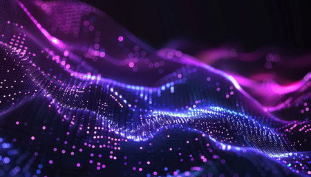 An abstract image with glowing purple and blue lights creating a wavy pattern against a dark background.の素材