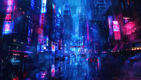 A digital illustration of a futuristic cityscape at night, with neon lights reflecting on a wet street.の素材