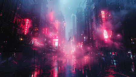 A dimly lit urban alleyway in a futuristic city with neon lights reflecting on wet asphalt.の素材