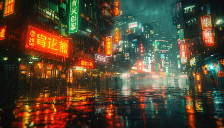 A wet city street at night, glowing with colorful neon signs and reflections.の素材