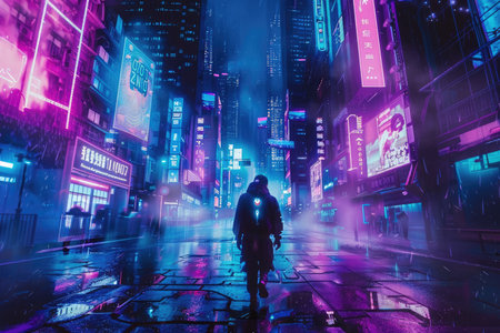 A lone figure walking through a brightly lit city street in the rain, surrounded by towering buildings and glowing neon signs.の素材