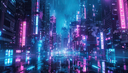 A futuristic city with neon lights reflected in the wet streets during a rainy night.の素材