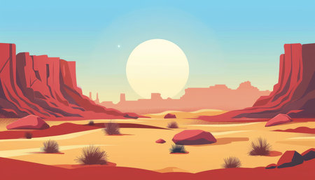 An illustration of a colorful desert landscape with red rock formations and a large, bright sun in the sky.の素材