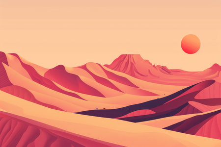 A minimalist illustration depicting a sunset over a desert landscape with a large mountain in the background.の素材