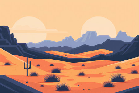 A geometrically stylized desert scene with a cactus, bushes, and mountains under a sunset.の素材