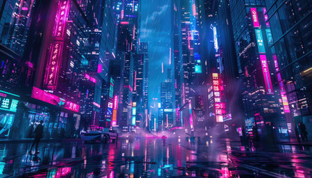 A depiction of a futuristic city street at night, illuminated by vibrant neon lights, with rain reflecting on the wet pavement.の素材