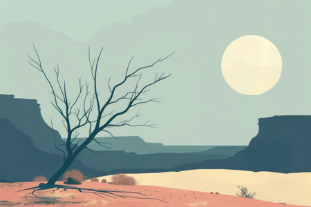 A minimalist digital illustration of a lone tree in a desert landscape, set against a pale blue sky with a large white sun.の素材