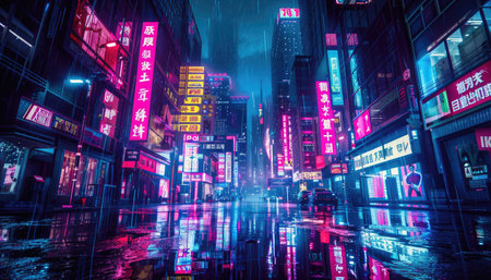 A bustling city street at night, illuminated by vibrant neon signs and drenched in rain, creating a captivating reflection on the wet pavement.の素材