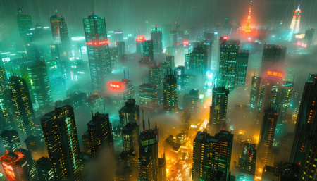 A digital painting depicting a futuristic city, seen at night with neon lights, rain, and fog.の素材