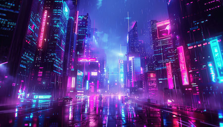 A futuristic city illuminated by neon lights and rain, with reflections creating a dynamic composition.の素材