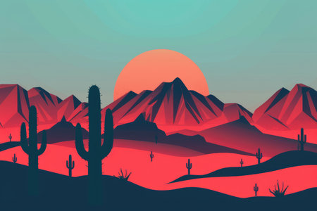 A stylized desert scene with a silhouette of cacti against a vibrant sunset-colored mountain range.の素材