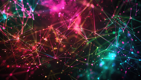 An abstract image of a network of interconnected glowing lines and dots in various colors, suggesting digital connections and data flow.の素材